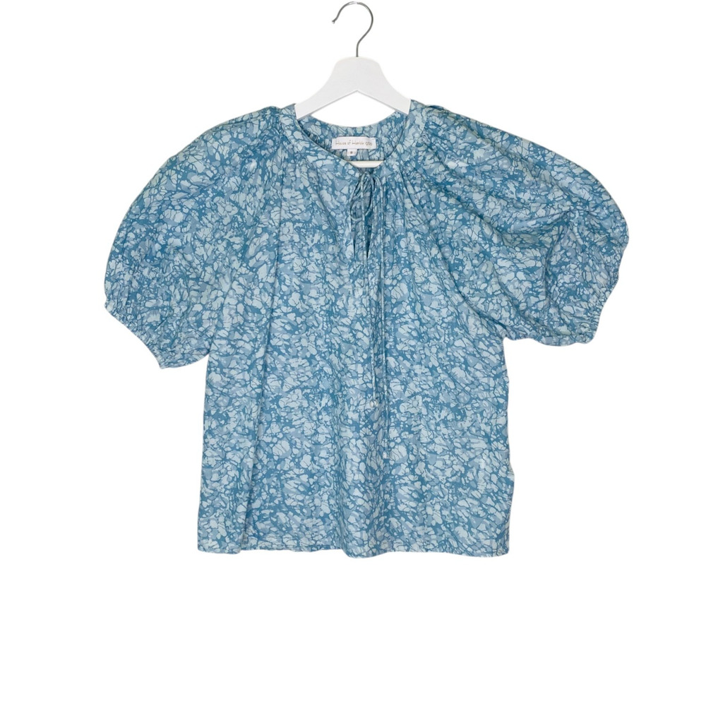 House of Harlow 1960 Womens Small Blue Print‎ Puff Sleeve Blouse Prairie Peasant